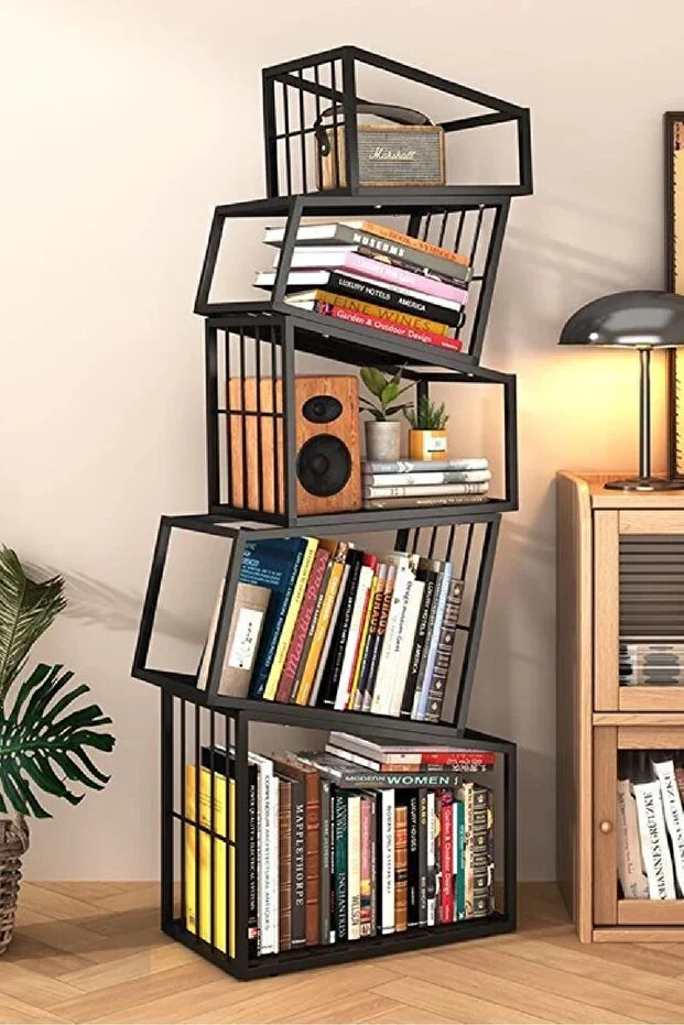 Metal Siyah Renk Endüstriyel Tasarım Kolay Kurulum Puzzle Kitaplık Aksesuar Rafı